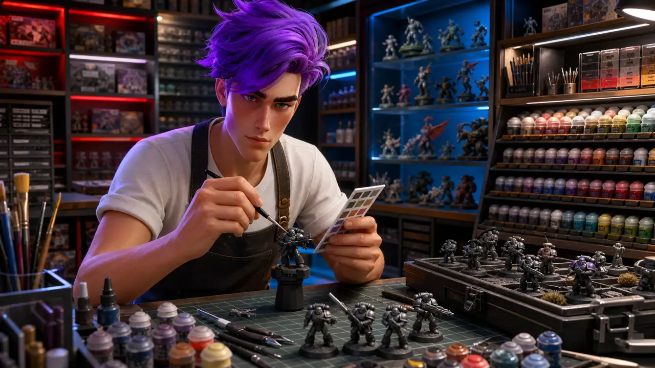 Dax, Puzzlewick curator, helping a customer at the game-store counter