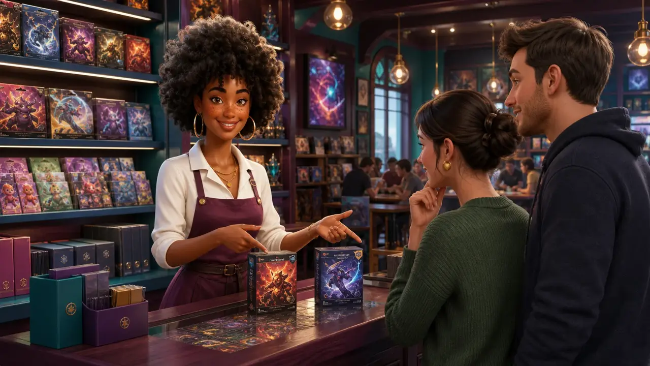 Imani, Puzzlewick curator, helping a customer at the game-store counter