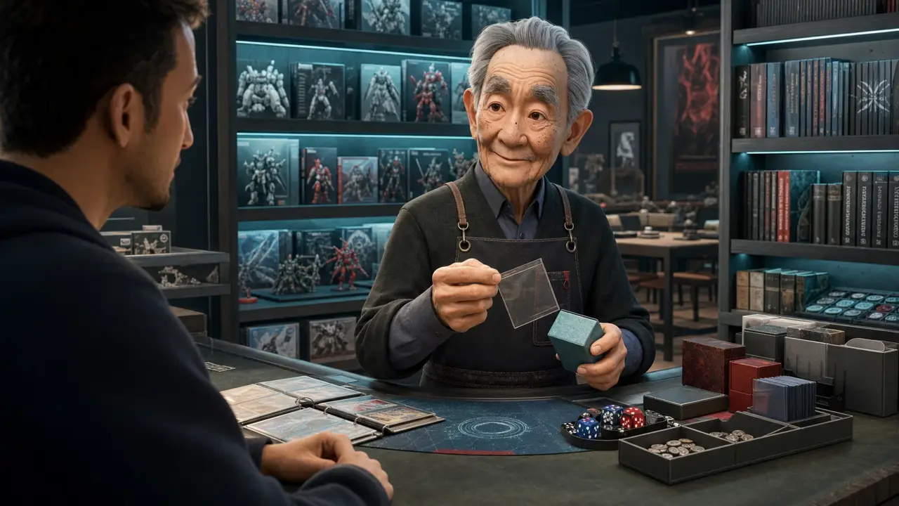 Kenji, Puzzlewick curator, helping a customer at the game-store counter