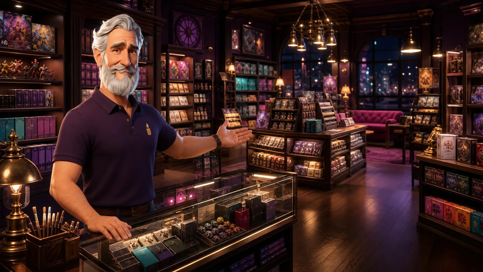 Robert welcoming players to the Puzzlewick game-store counter