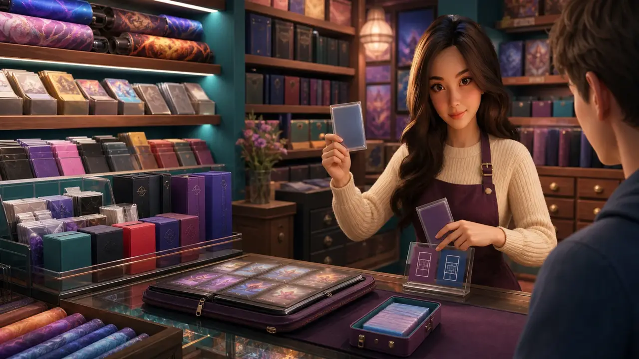 Yumi, Puzzlewick curator, helping a customer at the game-store counter