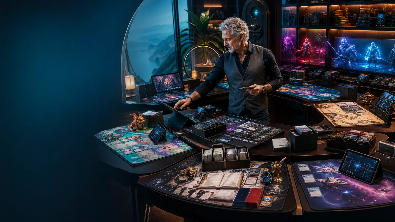 Robert at Puzzlewick’s card-game research observatory with six distinct digital workstations