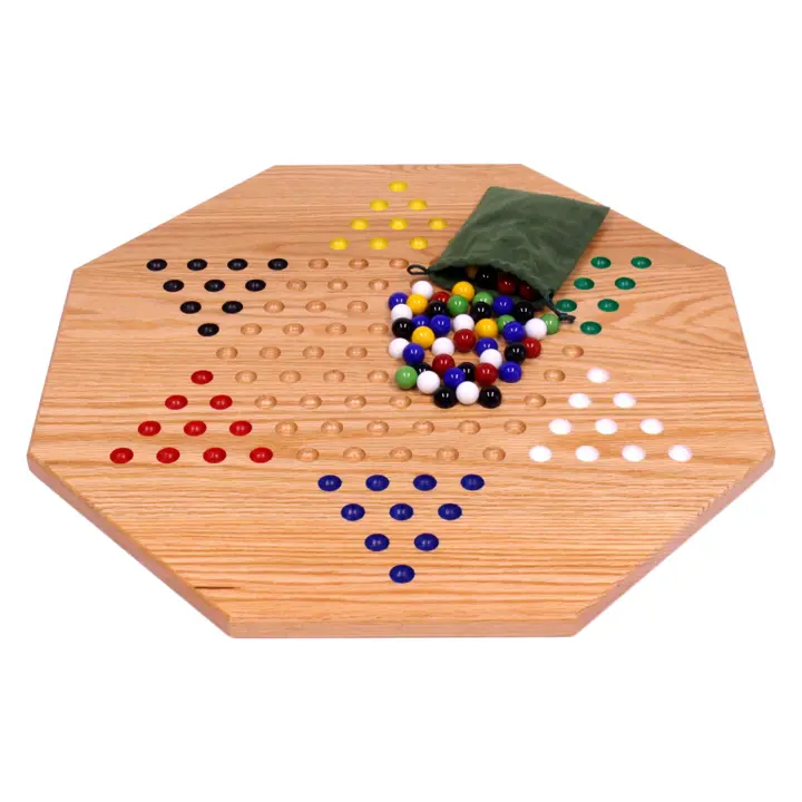 Hand-Painted Solid Oak Chinese Checkers Board, 19" (60 Glass Marbles)