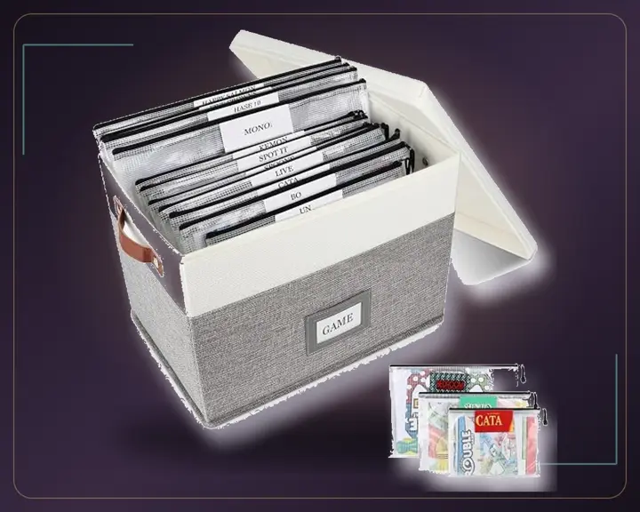 HLWGOG board game organizer with twelve labeled zipper bags