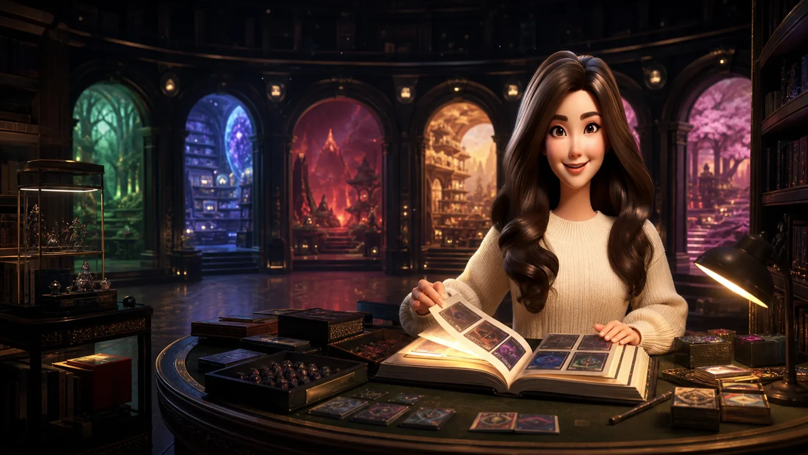 Yumi opening the Puzzlewick Oracle inside a living library of card-game and board-game worlds