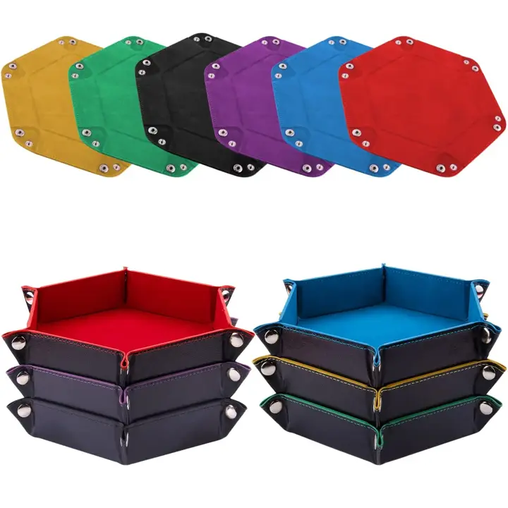 SIQUK 6 Pieces Dice Tray Hexagon Dice Rolling Holder Folding PU Leather Dice