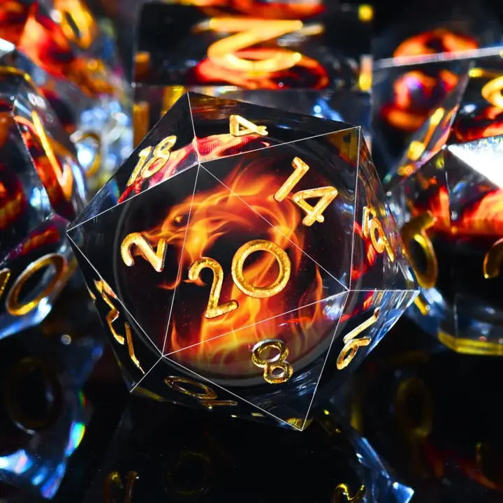 AUSTOR 7 Die DND Dice Set 7 Pieces Red Flame Dragon Resin Dice with Case