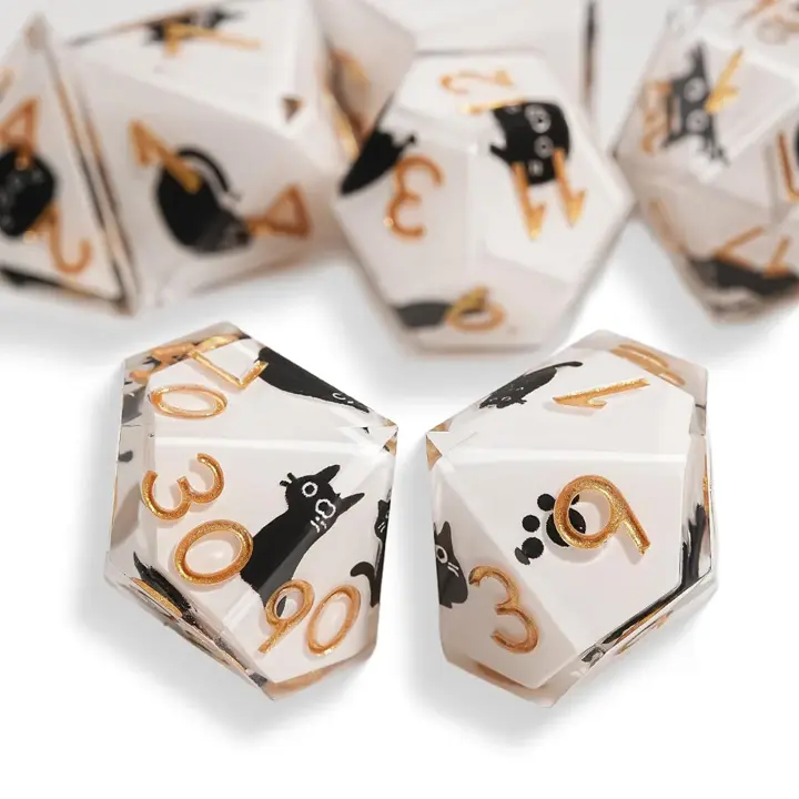 7Pcs DND Dice Set, Cute Cat Dice Sharp Edge Resin for Role Playing Games