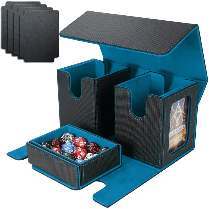 AFIING MTG Commander Card Storage Box - Fits 200 Double Sleeved Cards,3-in-1Card Deck Case,Strong Magnet Card Organizer For Magic Commander TCG CCG,4Dividers &2 Toploaders, Black/Cyan