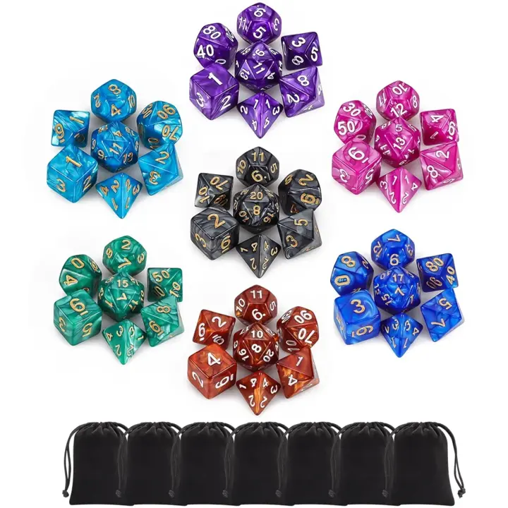 QMay 7 Sets Polyhedral Dice - 49 Pcs (7 X 7) DND Dice + 7 Drawstring Bags