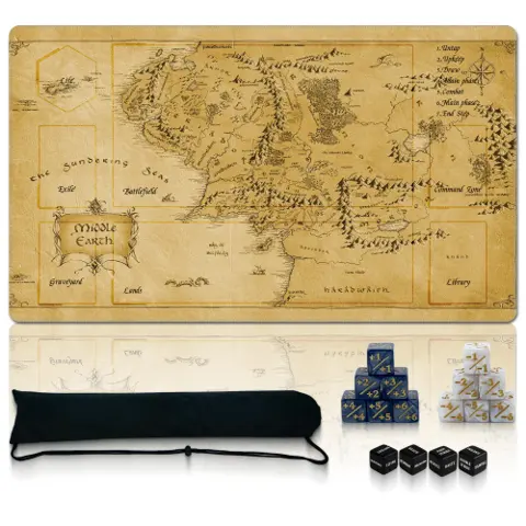 Auralvia Ultimate TCG Battle Set: Stitched Playmat (24"x14") + 16 Dice + Carry Bag – 3-in-1 Non-Slip Rubber Commander Mat Compatible with MTG – Portable 2mm Fantasy Map Game Pad (MAP1, LOTR Series)