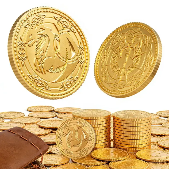 Byhoo Gold Coins 100 PCS for DND,Dragon Yue Coins with Pouch for Collectors | Metal Coins with Double-Sided Axe Relief, RPG Accessories Fantasy Tokens