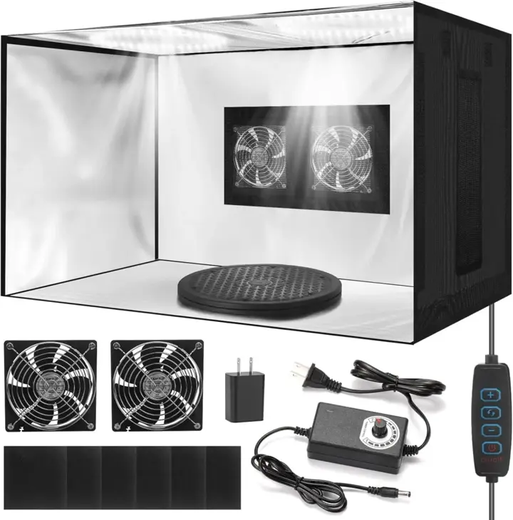 25.6-Inch Portable Airbrush Spray Booth, Dual Fans, LED & 360° Turntable | 3-Color LED & 10 Brightness Levels, Foldable Booth with 6 Filter Pads, Dual Fans Reduce Fumes and Overspray for Model