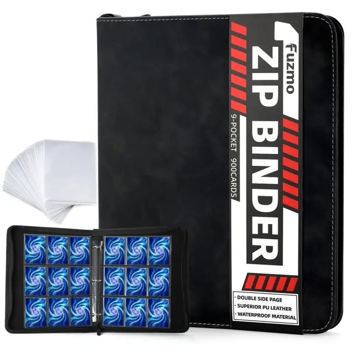 Fuzmo 9 Pocket Trading Card Binder, 900 Cards Zip Album, Black