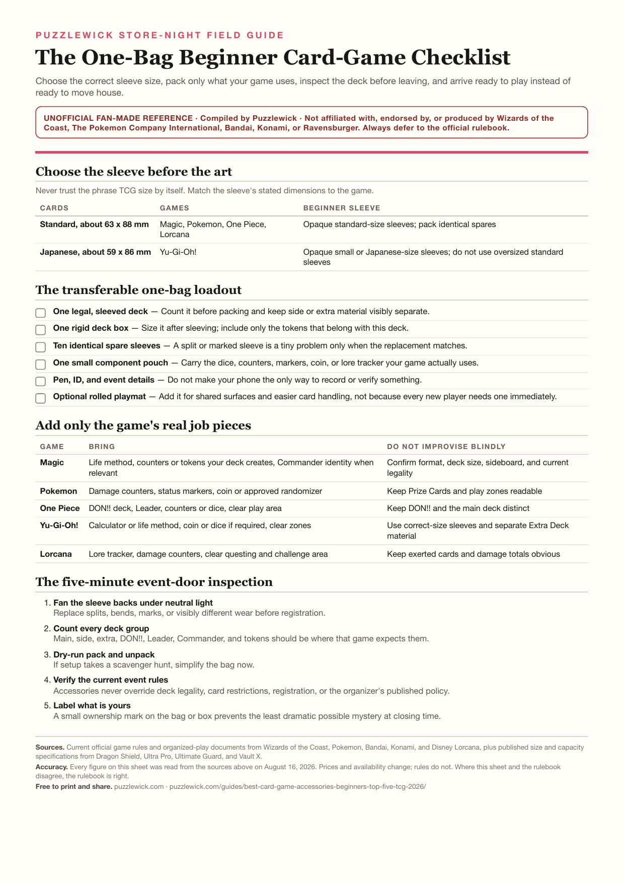 Preview of The One-Bag Beginner Card-Game Checklist