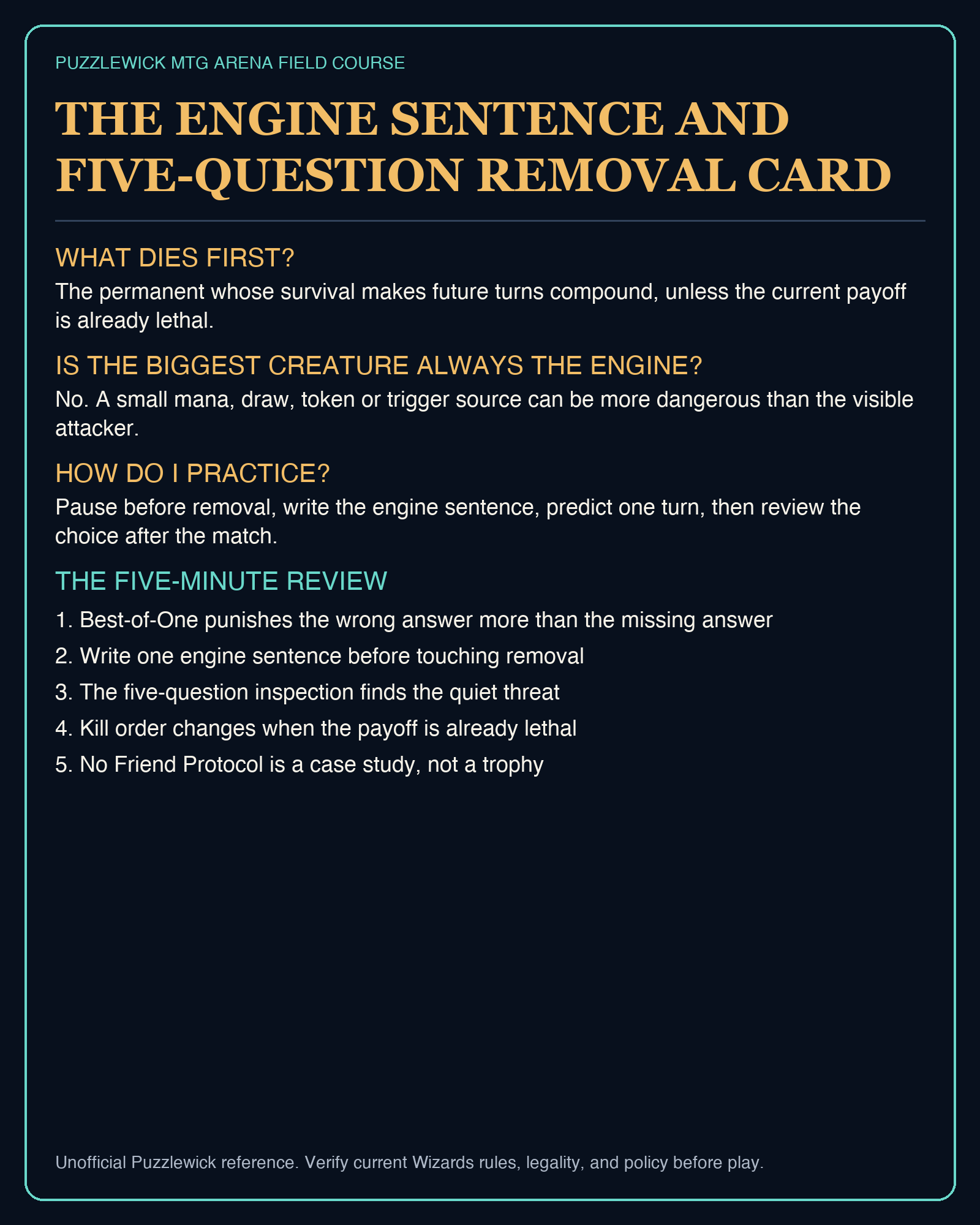 Preview of The engine sentence and five-question removal card