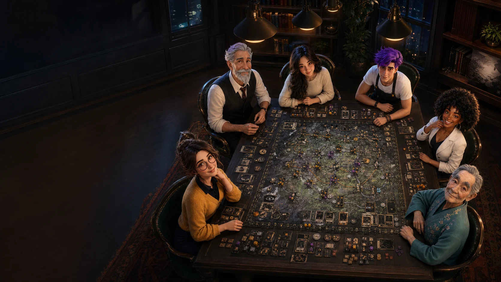The six Puzzlewick curators gathered around a dramatic economic network board-game table