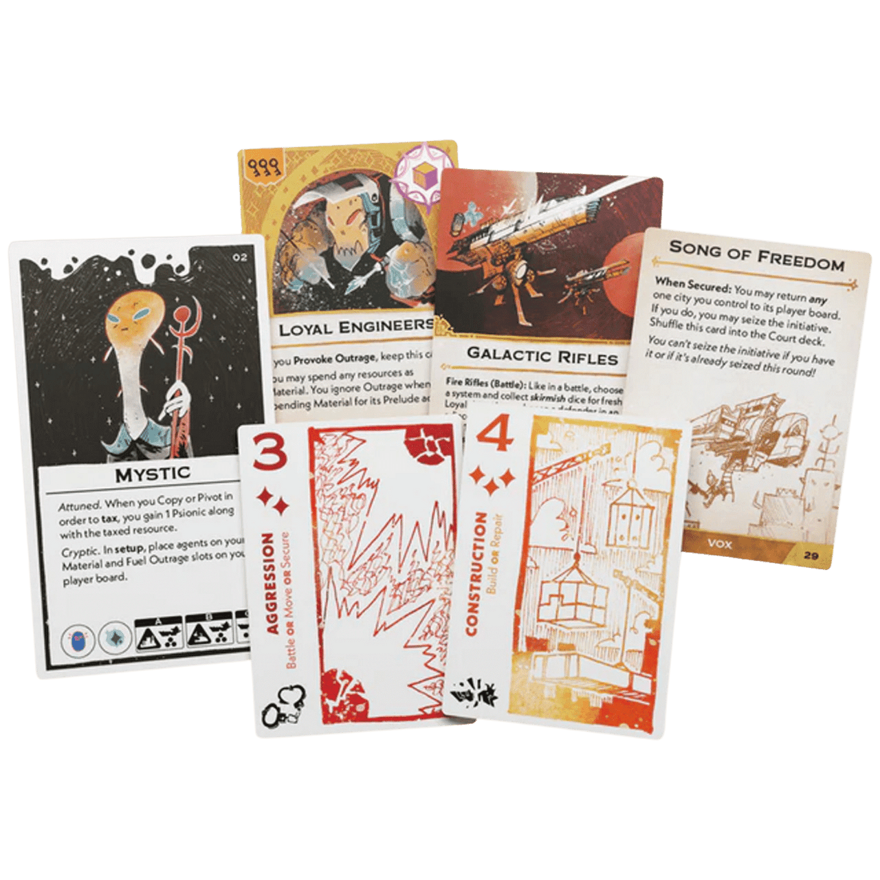 Action cards and the trick-taking deck that drives every turn.