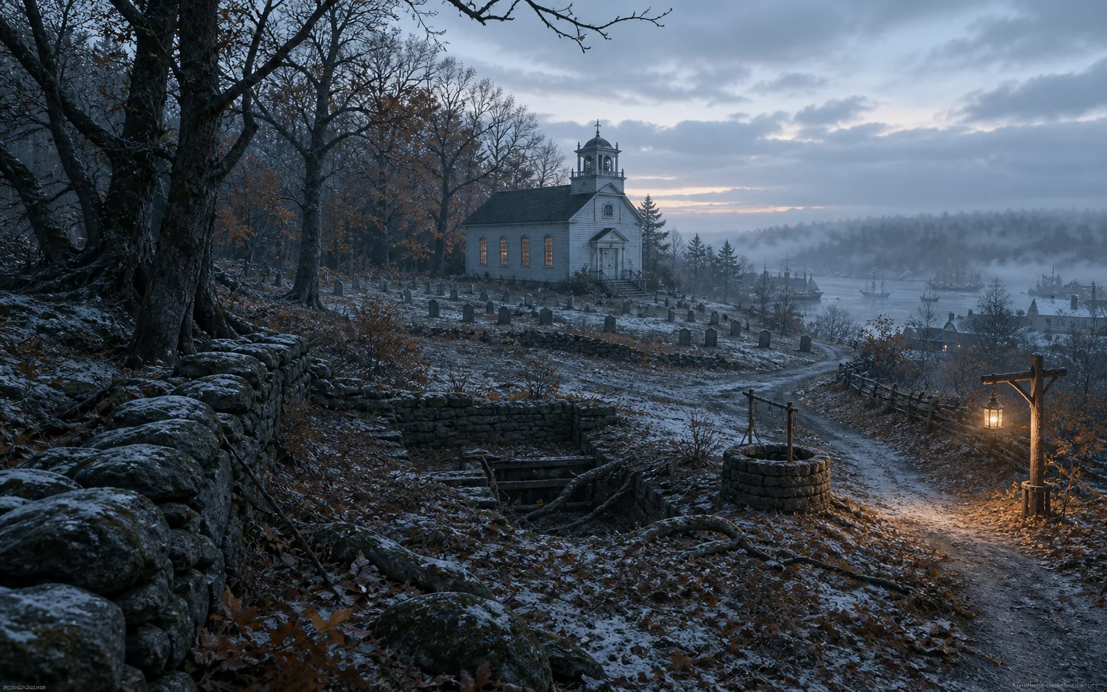 A New England stone wall, burial ground, meeting house, forest, and harbor layered through fog and changing seasons.