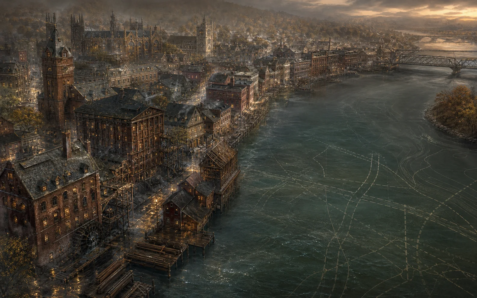 A layered view of Arkham rebuilding along the Miskatonic River after a flood.