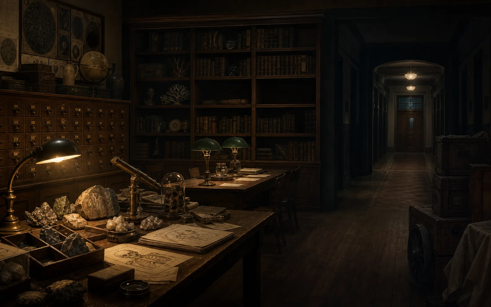 A Miskatonic archive joins scientific records, expedition objects, and one conspicuously empty shelf.