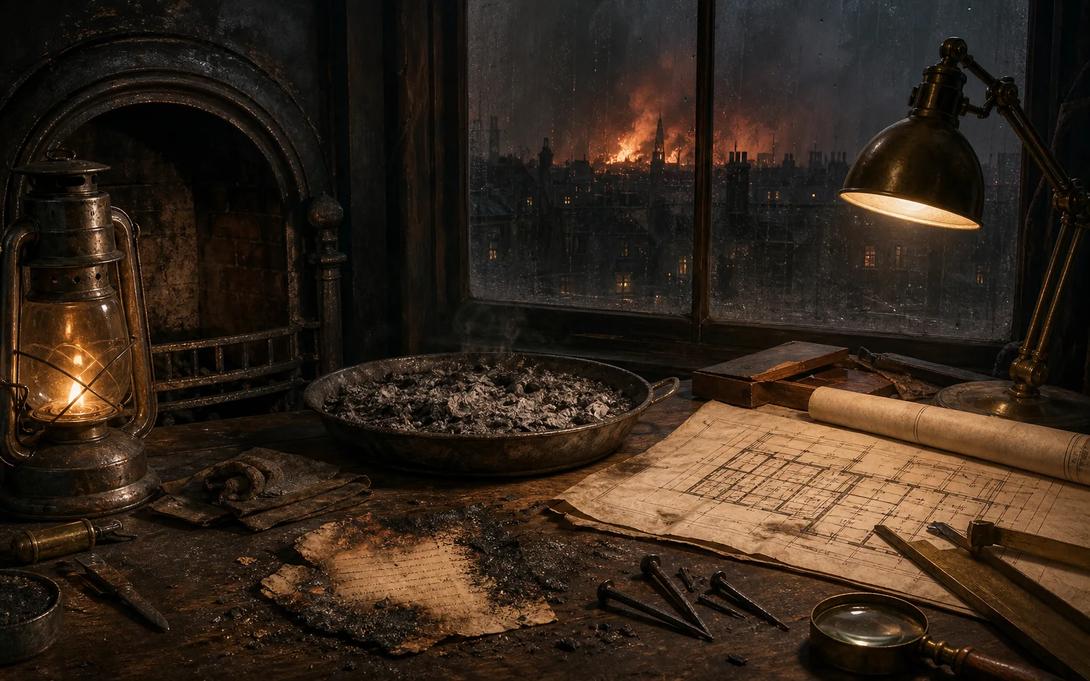A hearth, distant city fire, smoke, and ash arranged as stages of one investigation.