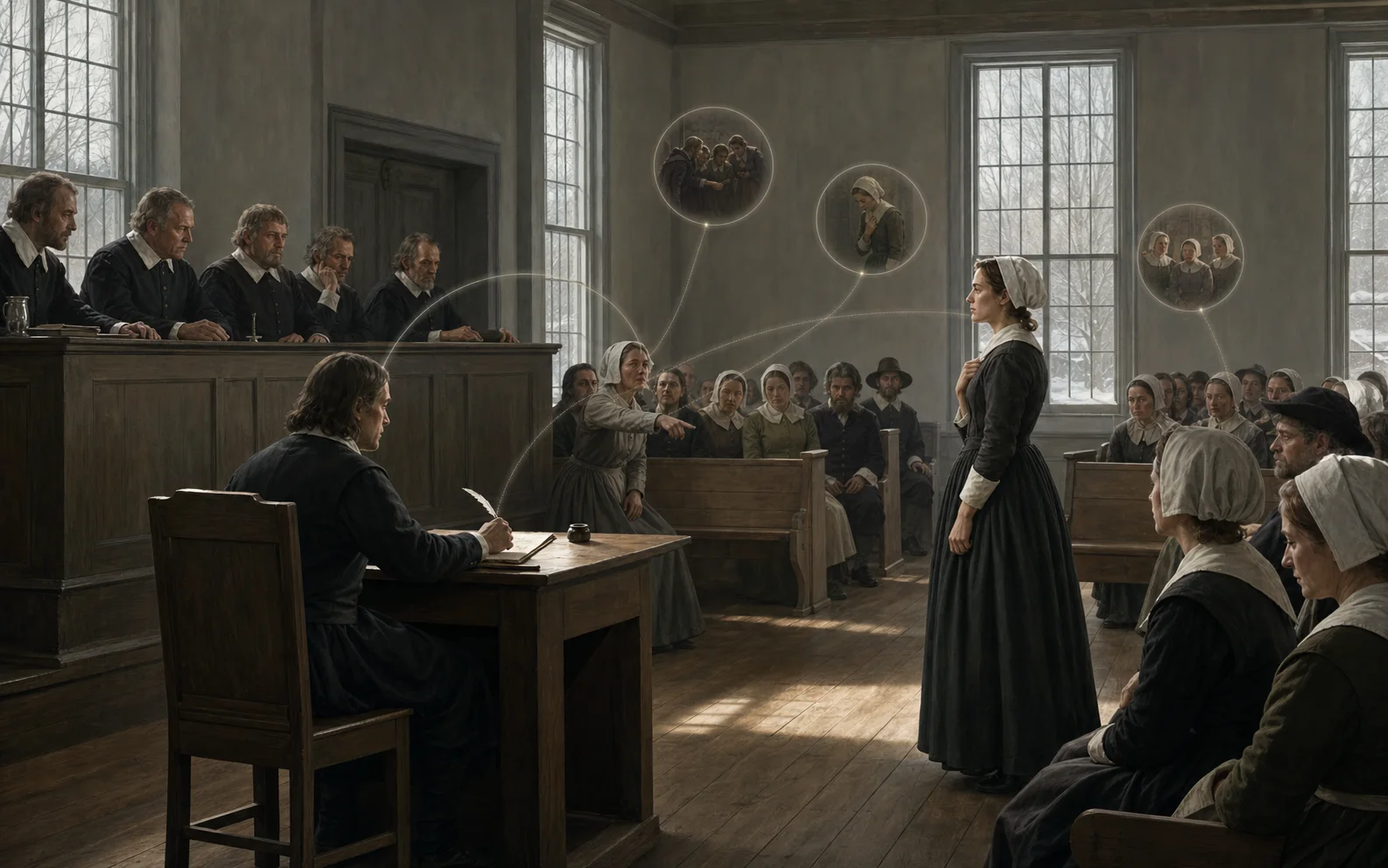A restrained colonial courtroom scene shows testimony, recordkeeping, and the social machinery of accusation.