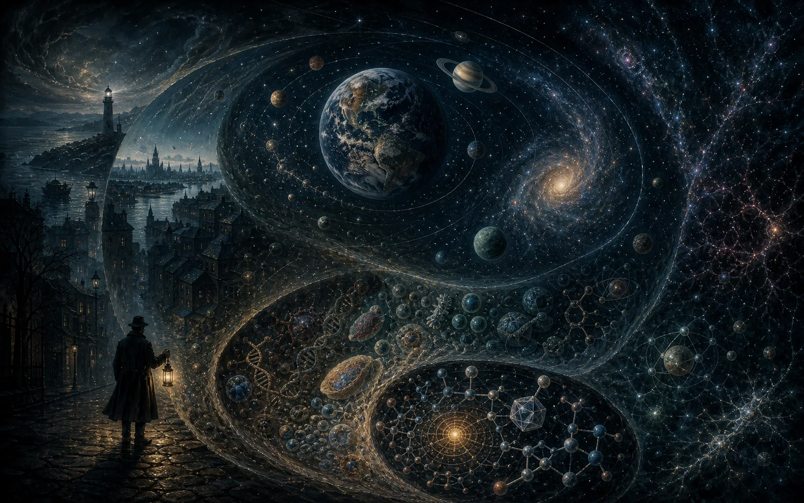 A single lamp in Arkham expands outward through Earth and the cosmos while also revealing microscopic scale.