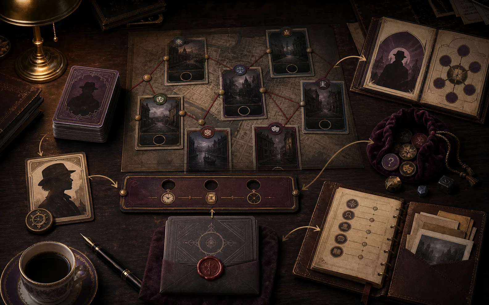 An original tabletop investigation layout connects cards, action economy, uncertainty, and campaign memory.