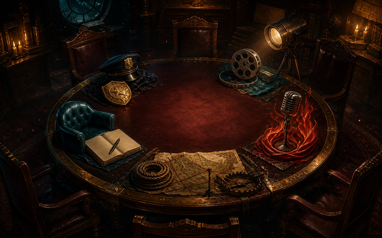 Five symbolic responses to the unknown surround an Arkham evidence table.