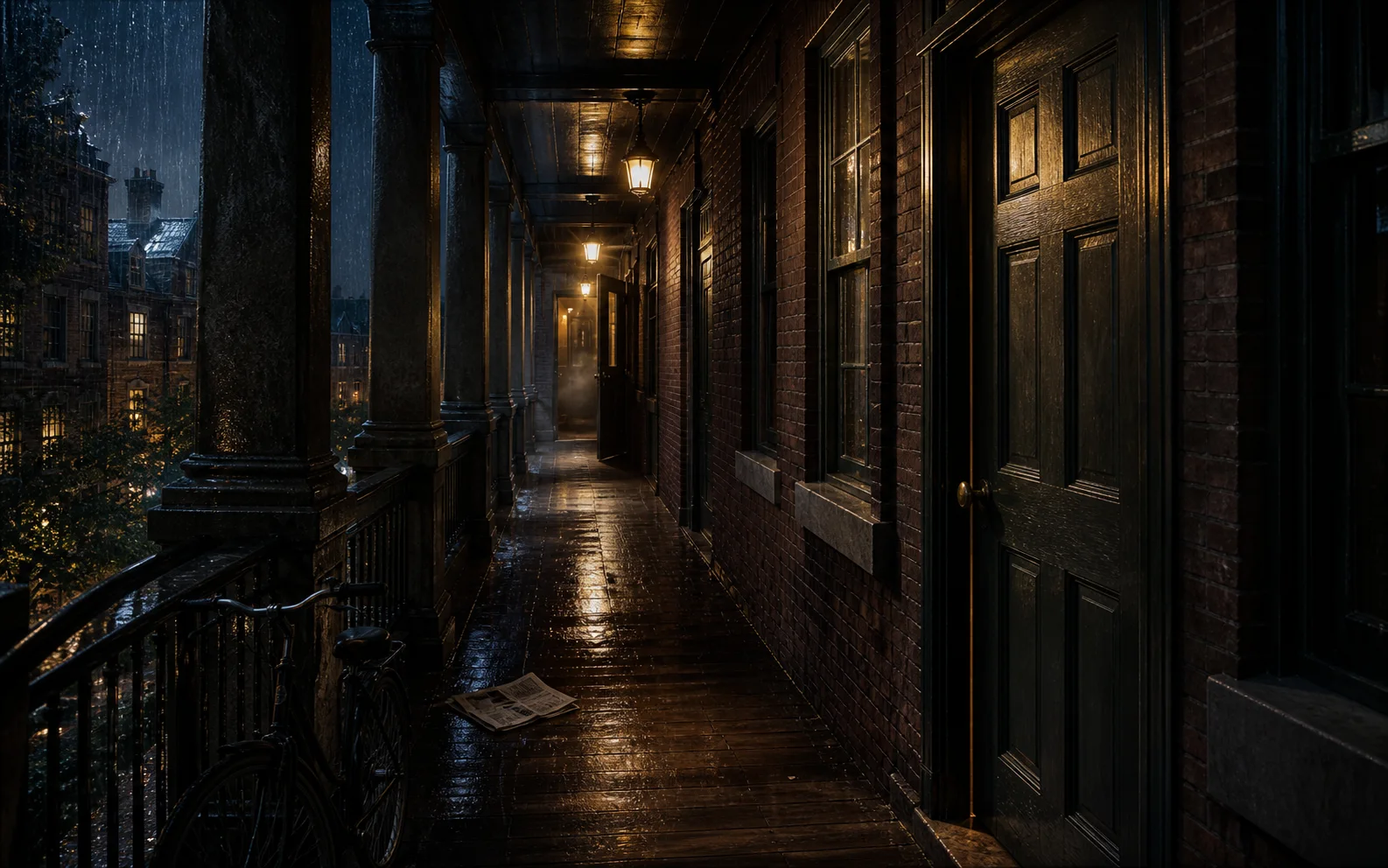 A rain-dark Miskatonic dormitory corridor ends at one ordinary closed door.