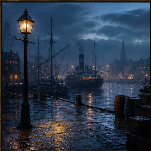 A lantern-lit New England harbor in rain, with ships and old warehouses.