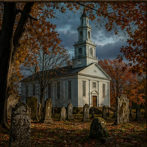 A New England meeting house and burial ground beneath autumn trees.