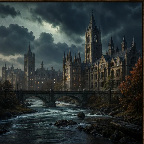 A gothic fictional university rises over a fast river under heavy clouds.