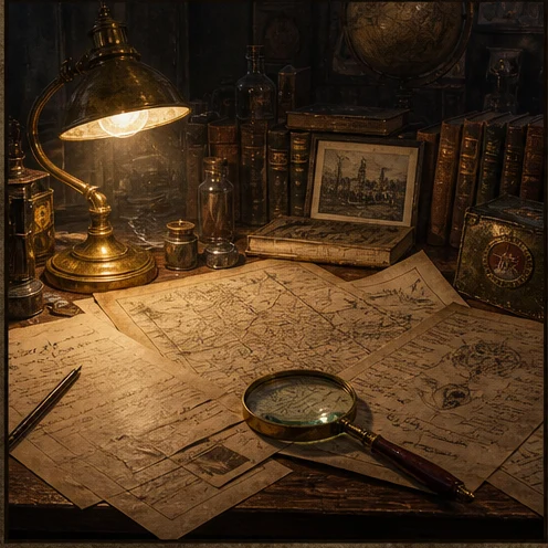 A desk of old maps, lamp, magnifier, and handwritten investigation notes.