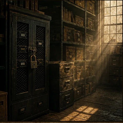 Locked archive cabinets and book stacks in an old research library.