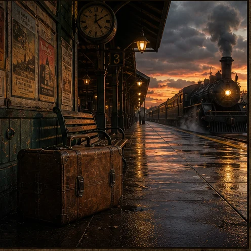 A rain-dark railway platform with an old train and a waiting suitcase.