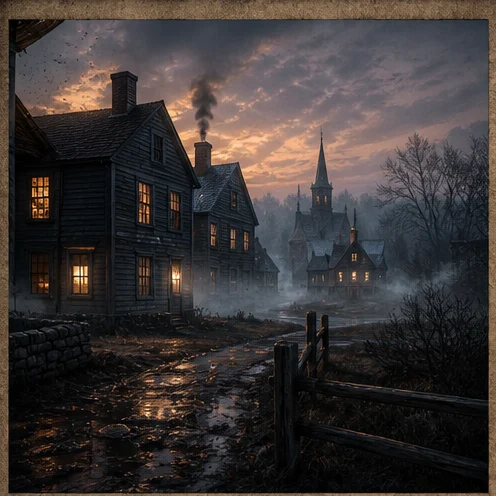 A colonial New England village at dusk with smoke rising from chimneys.