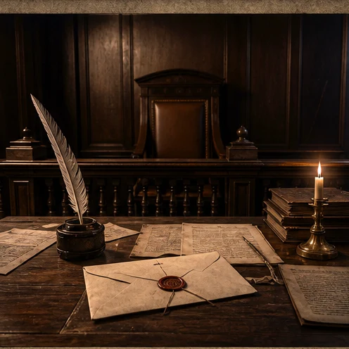 A candlelit desk with court papers, a quill, and a sealed letter.