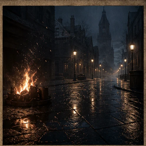 A small fire on a rain-dark cobblestone street in a gothic town.