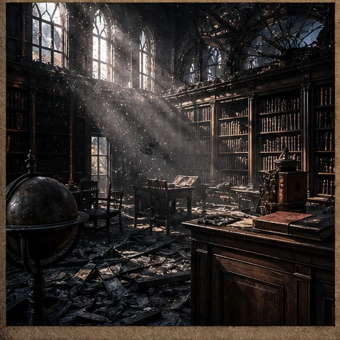 An old library shaken by ash and dust, with books and a globe.