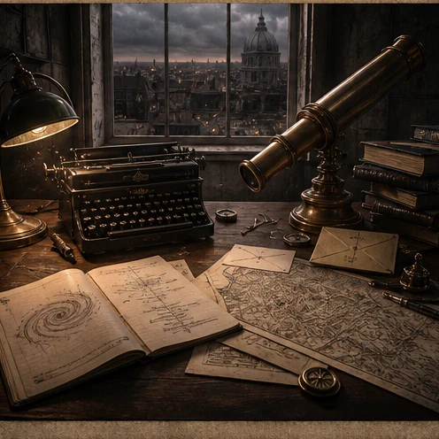 A telescope and typewriter in a Providence study with maps and letters.