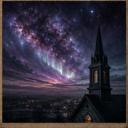 A church spire under a huge star field over a sleeping New England town.