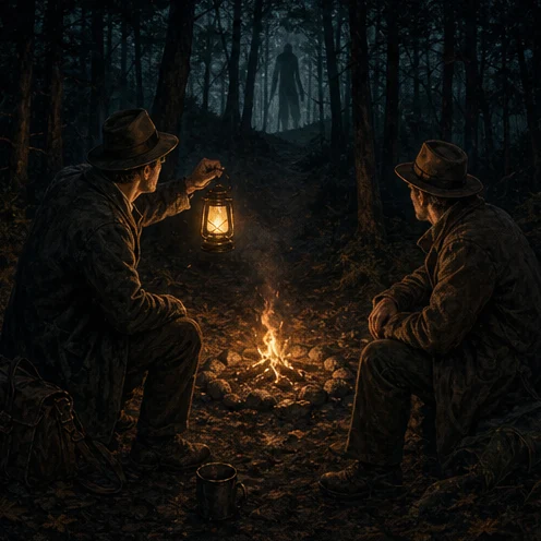 Two investigators sit beside a campfire while a distant non-gory figure stands among the trees.