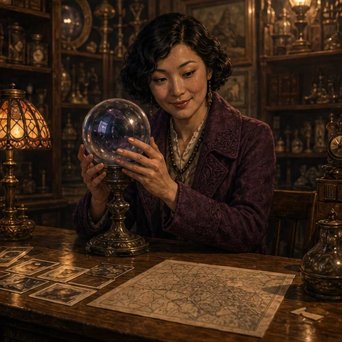 Yumi studies a crystal ball and a map in an Arkham curiosity shop.
