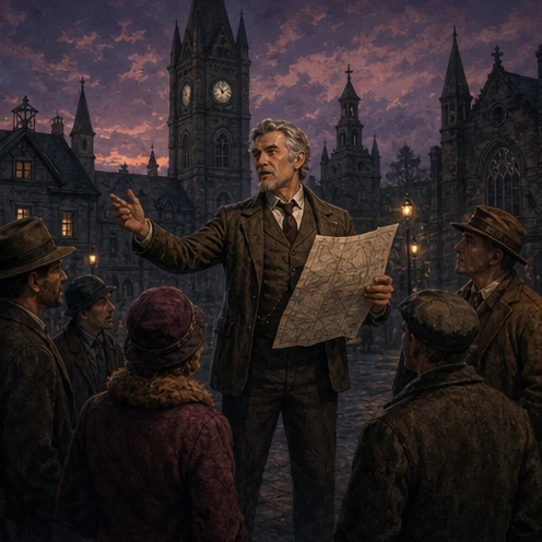 Robert tells a story with a folded map in an Arkham town square at dusk.