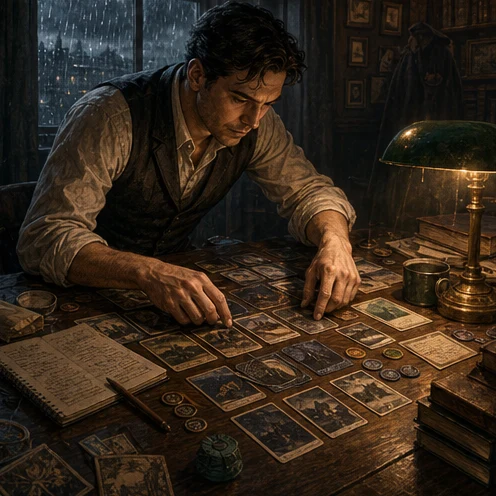 An investigator arranges cards, tokens, and notes during a rain-lit play session.