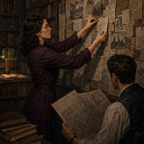 An archivist pins evidence to a wall while a companion studies a city map.