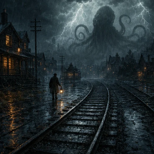 A lantern bearer walks beside railway tracks as a distant non-gory tentacled silhouette emerges in fog.