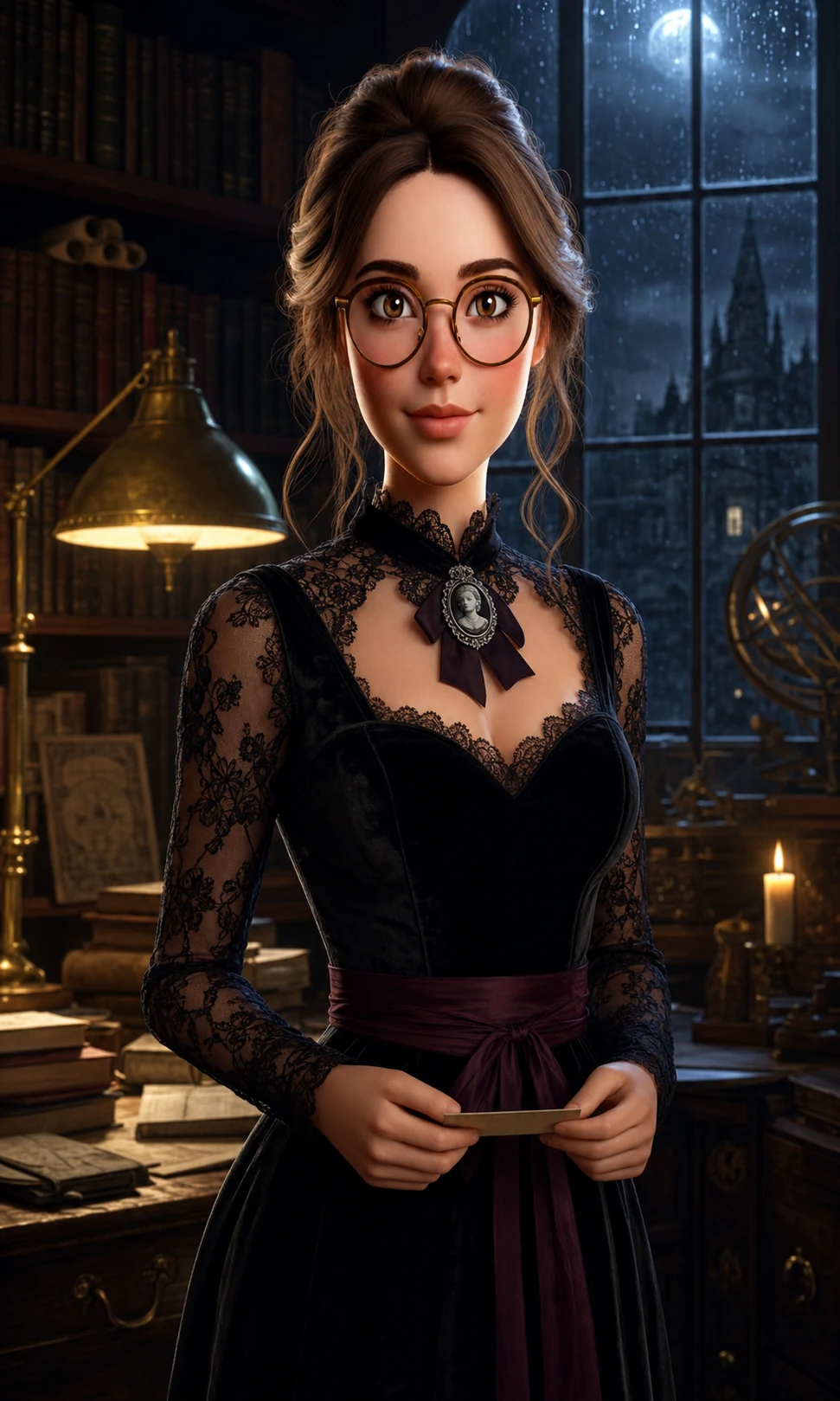 Margo holding a case card in her candlelit Arkham archive
